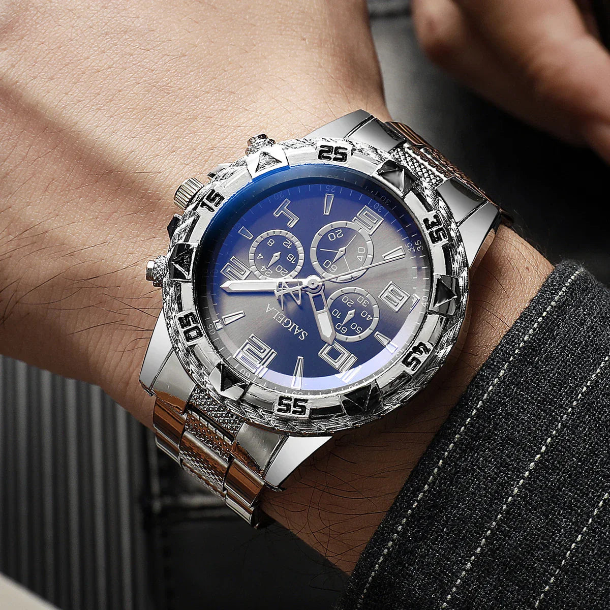 Arabic Dial Steel Band Male's Quartz Watch Set